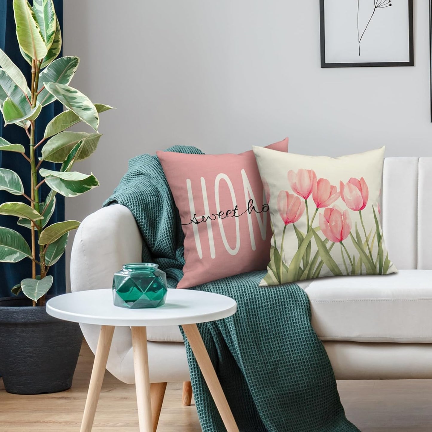 Pillow Covers 18x18 Set of 4 Tulip Home Sweet Home Pink Throw Pillows Decorative Pillow Cases Hello Summer Spring Seasonal Farmhouse Decorations for Sofa Couch