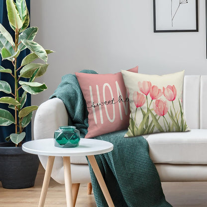 Pillow Covers 18x18 Set of 4 Tulip Home Sweet Home Pink Throw Pillows Decorative Pillow Cases Hello Summer Spring Seasonal Farmhouse Decorations for Sofa Couch