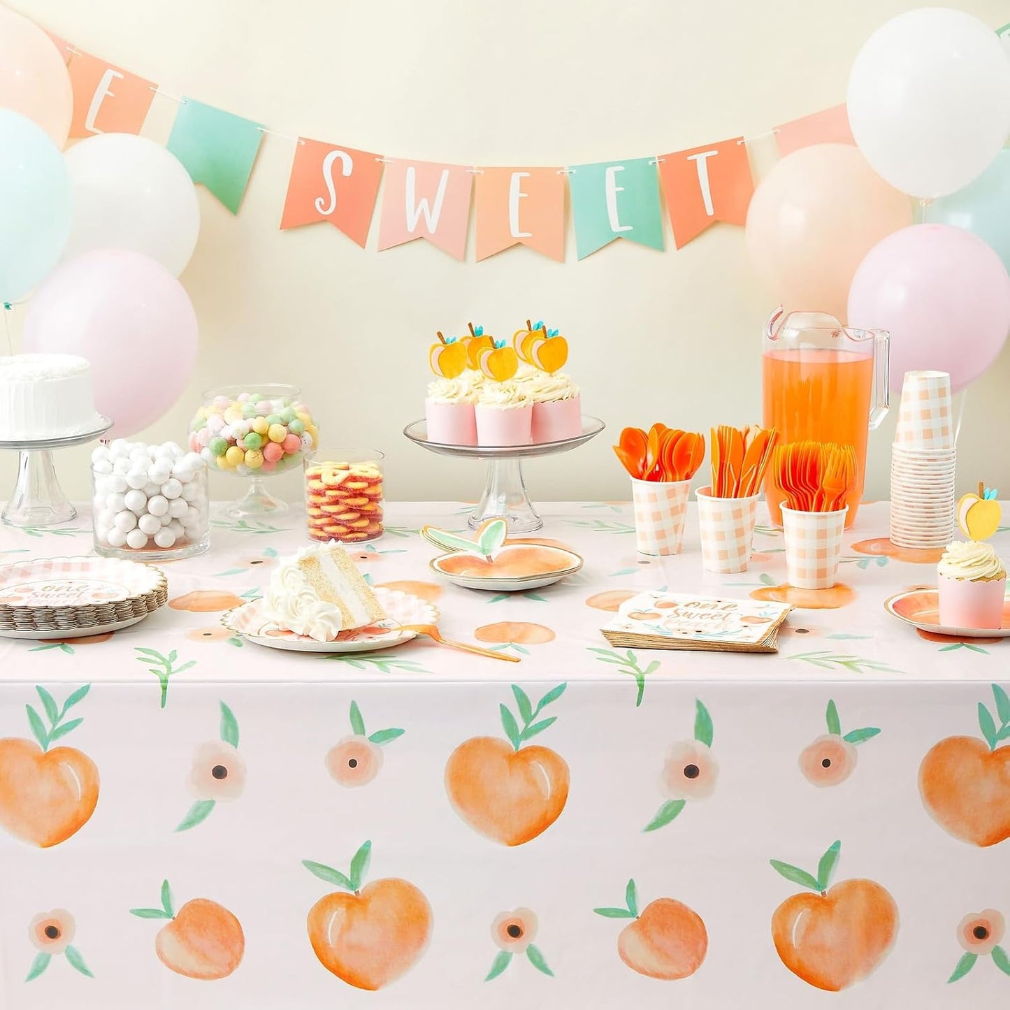 Sparkle and Bash Peach Theme Tablecloth - 54 x 108 Inch, 3-Pack Plastic Tablecovers - Disposable Covers for Peach Baby Shower & Birthday Party Decor