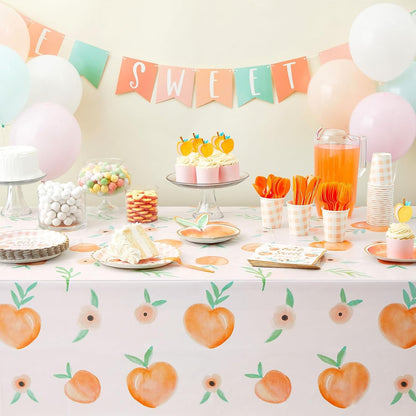 Sparkle and Bash Peach Theme Tablecloth - 54 x 108 Inch, 3-Pack Plastic Tablecovers - Disposable Covers for Peach Baby Shower & Birthday Party Decor