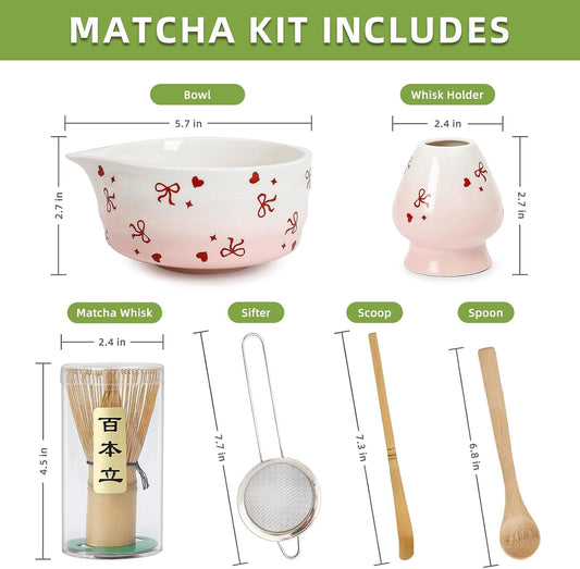 Koythin 6-Piece Ceramic Matcha Whisk Set, Cute Bow-Heart Matcha Bowl Set for Ceremony Tea-Lovers, Unique Tea Making Kit with Whisk Holder Scoop Two Bowls (Gradient Pink White)