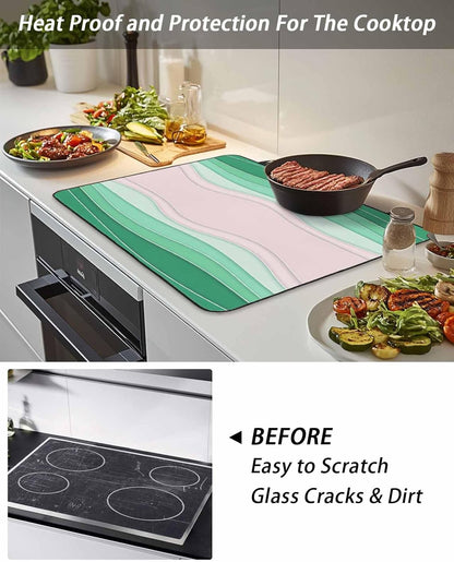 Stove Top Covers for Electric Stove, Green Stripes Induction Cooktop Cover Protector, Light Pink Ombre Simple Abstract Lines Range Mat for Glass Top Stove, Dish Drying Mat Kitchen Countertop, 28"x20"