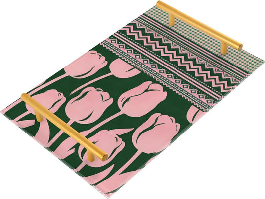 Ethnic Flowers Pastel Peach Decorative Plastic Trays with Handles Trays for Coffee Table for Jewelry Perfume for Bed Serving bandeja para servir con asas
