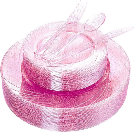 WDF Rose Gold Pink Plastic Plates with Pink Plastic Silverware include 40 Dinner & Salad Plates, 40Forks, 40 Knives, 40 Spoons for Party Baby Shower Wedding Spring