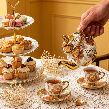 CHANJOON Gold Plated Red Rose Ceramic Tea Set, Vintage Tea Sets with Teapot, Beautiful Tea Set Coffee Serving 6 People (pink, Medium)