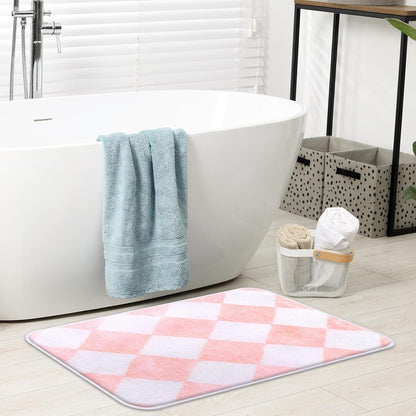 Pink White Checkered Grid Bathroom Mat Non-Slip Bath Rug Microfiber Soft Plush Cute Carpets Floor Mat Machine Wash Dry for Home Tub and Shower Bathroom Decor