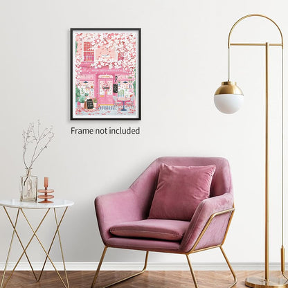 Heltrappe Pink Blossom Cafe Canvas Wall Art Trendy Pink Cherry Flower Poster Funky Pastel Girly Aesthetic Prints for Kitchen Coffee Room 16X24 inch Unframed
