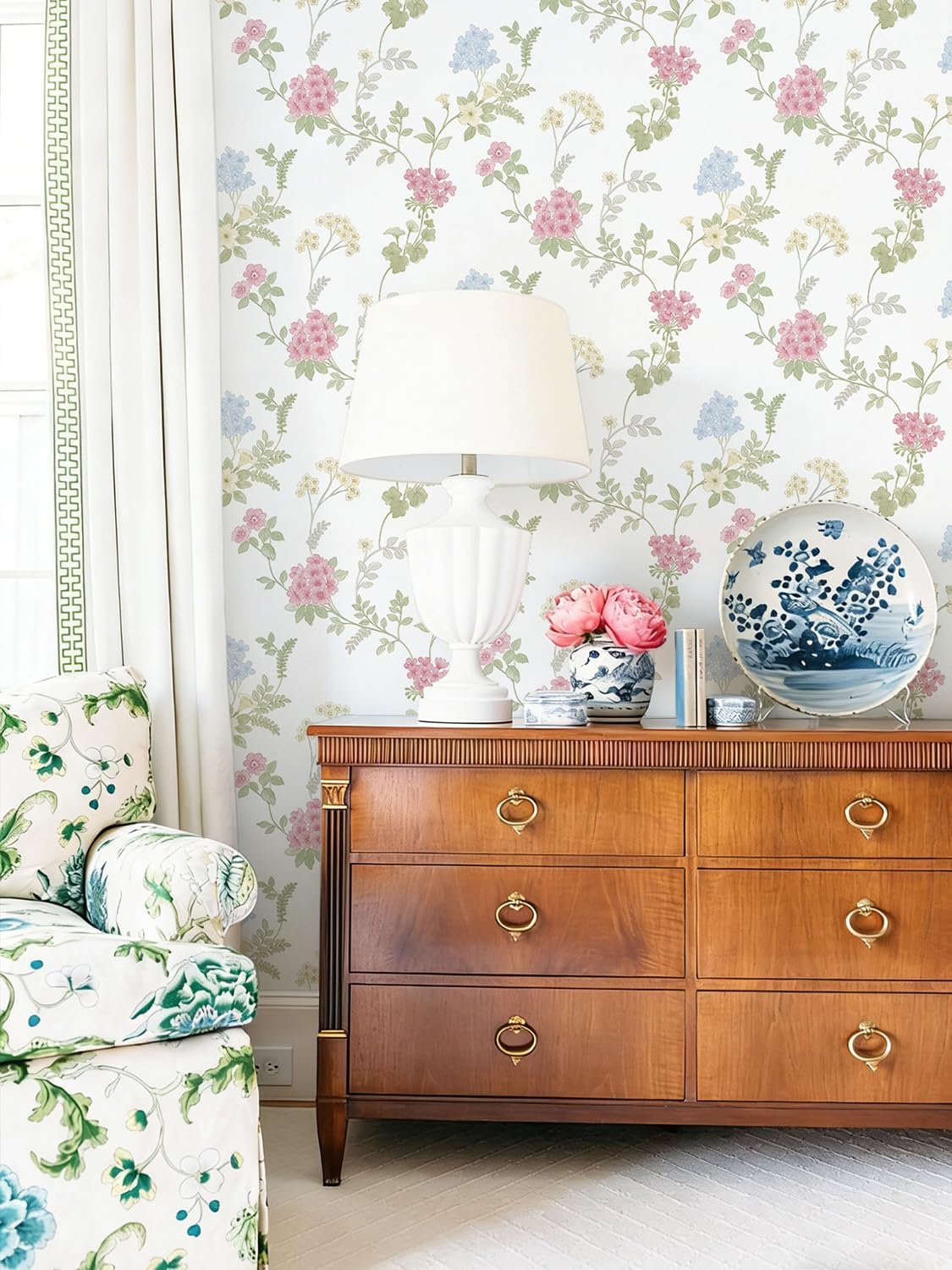 Orainege Pink Floral Peel and Stick Wallpaper Removable Self Adhesive Wall Paper 16.9inx118.1in Modern Wallpaper for Bedroom Bathroom Green Leaf Contact Paper for Cabinets