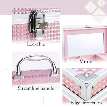 Hododou Girls Jewelry Box Organizer with Drawer & Mirror, Shiny Pink Style Lockable Storage Case for Kid or Little Girls Jewelry and Hair Accessories