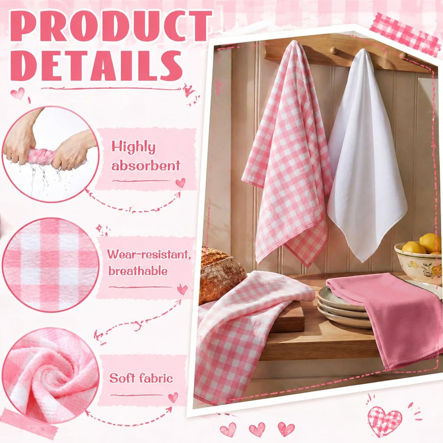 Mindsoft 4 Pcs Gingham Kitchen Towels Set Gingham Dish Towels 29.5 x 15.7 Inch Quick-Drying Hand Tea Towel for Farmhouse Restaurant Accessories Kitchen Decor(Pink and White)
