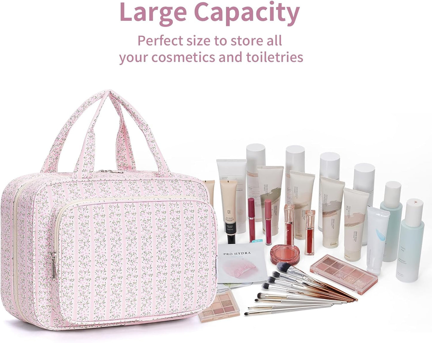 Narwey Travel Toiletry Bag for Women Large Hanging Makeup Bag Organizer Toiletries Bag for Full Size Essentials Accessories Cosmetics (Pink Flower Buds (Large))