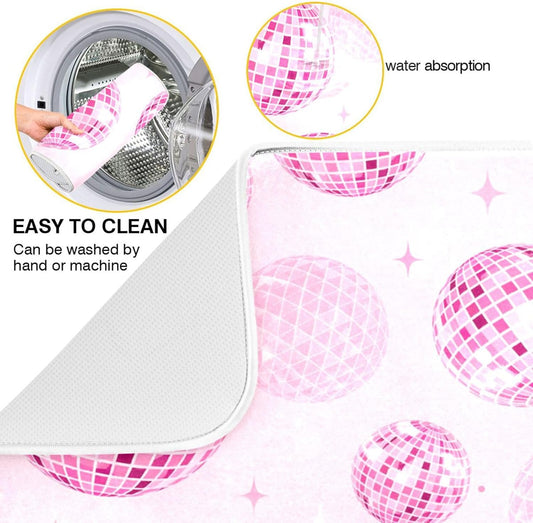 Disco Balls Pink Dish Drying Mat for Kitchen Counter Absorbent Microfiber Drying Pad, Medium 16x18 in, Reversible Drainer Mats