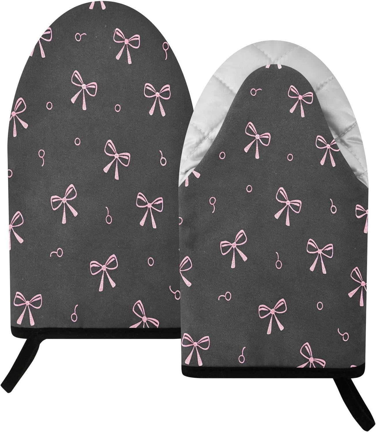 Pink Bows Black Non-Slip Oven Mitts Set Heat Resistant Kitchen Gloves with Quilted Liner Cotton Machine Washable with Hanging Loop for Baking Grilling BBQ