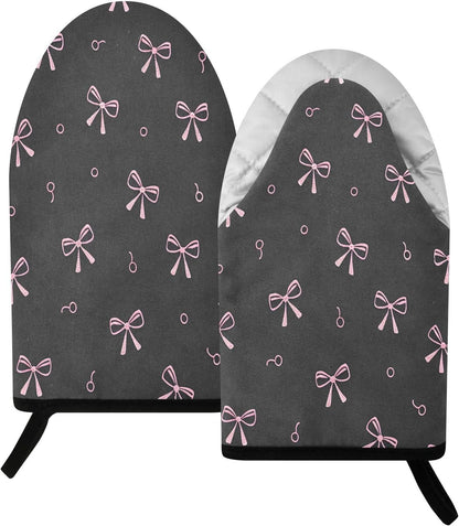 Pink Bows Black Non-Slip Oven Mitts Set Heat Resistant Kitchen Gloves with Quilted Liner Cotton Machine Washable with Hanging Loop for Baking Grilling BBQ
