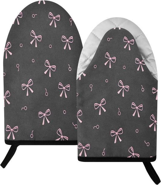 Pink Bows Black Non-Slip Oven Mitts Set Heat Resistant Kitchen Gloves with Quilted Liner Cotton Machine Washable with Hanging Loop for Baking Grilling BBQ