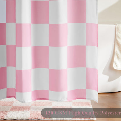 Ohocut Checkered Shower Curtain, Pink Shower Curtains for Bathroom, Cute Retro Checkboard Shower Curtain Vintage Aesthetic, Washable Fabric Bath Curtain 72''x72''
