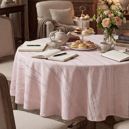 Horaldaily Pink Cotton Blend Tablecloth 60×60 Inch Round, Farmhouse Style, Wrinkle Resistant Washable Table Cloth, Hemstitched Embroidery Table Cover for Home