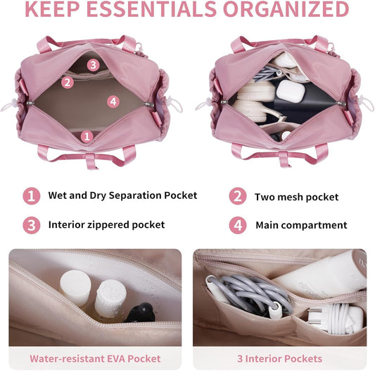 ECOHUB Small Gym Bag for Women, Mini Gym Duffle Bag with Wet Compartment, Bowknot Sports Bag, Cute Gym Tote Bag Dance Yoga Workout Travel Bags Pink