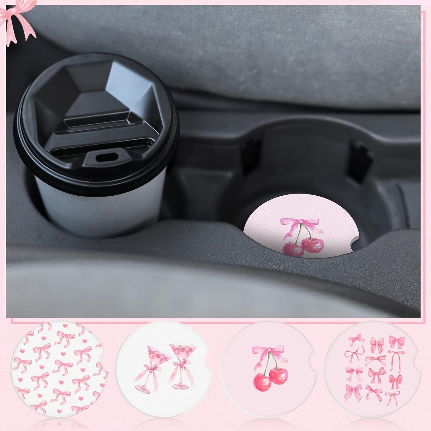 Boao 4 Pcs Car Cupholder Coasters for Valentine's Day, Ceramic Coasters 2.56'' Anti Slip Base with Finger Notch for Dry Clean, Car Interior Accessories, Birthday Gifts(Pink Bow)