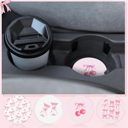 Boao 4 Pcs Car Cupholder Coasters for Valentine's Day, Ceramic Coasters 2.56'' Anti Slip Base with Finger Notch for Dry Clean, Car Interior Accessories, Birthday Gifts(Pink Bow)