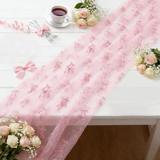 5 Pcs Bow Lace Table Runners 29 x 70 Inch Pink Tulle Glitter Table Runner Cute Bow Tablecloth for Birthday Baby Shower Wedding Home Table Decor