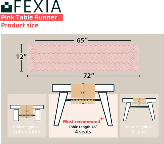 FEXIA Summer Pink Table Runner Boho Macrame Dresser Runner Home Coffee Table Decor Farmhouse Style with Tassels for Dining Bedroom Living Room Decor Rustic Bridal Shower (12x72 Inches)