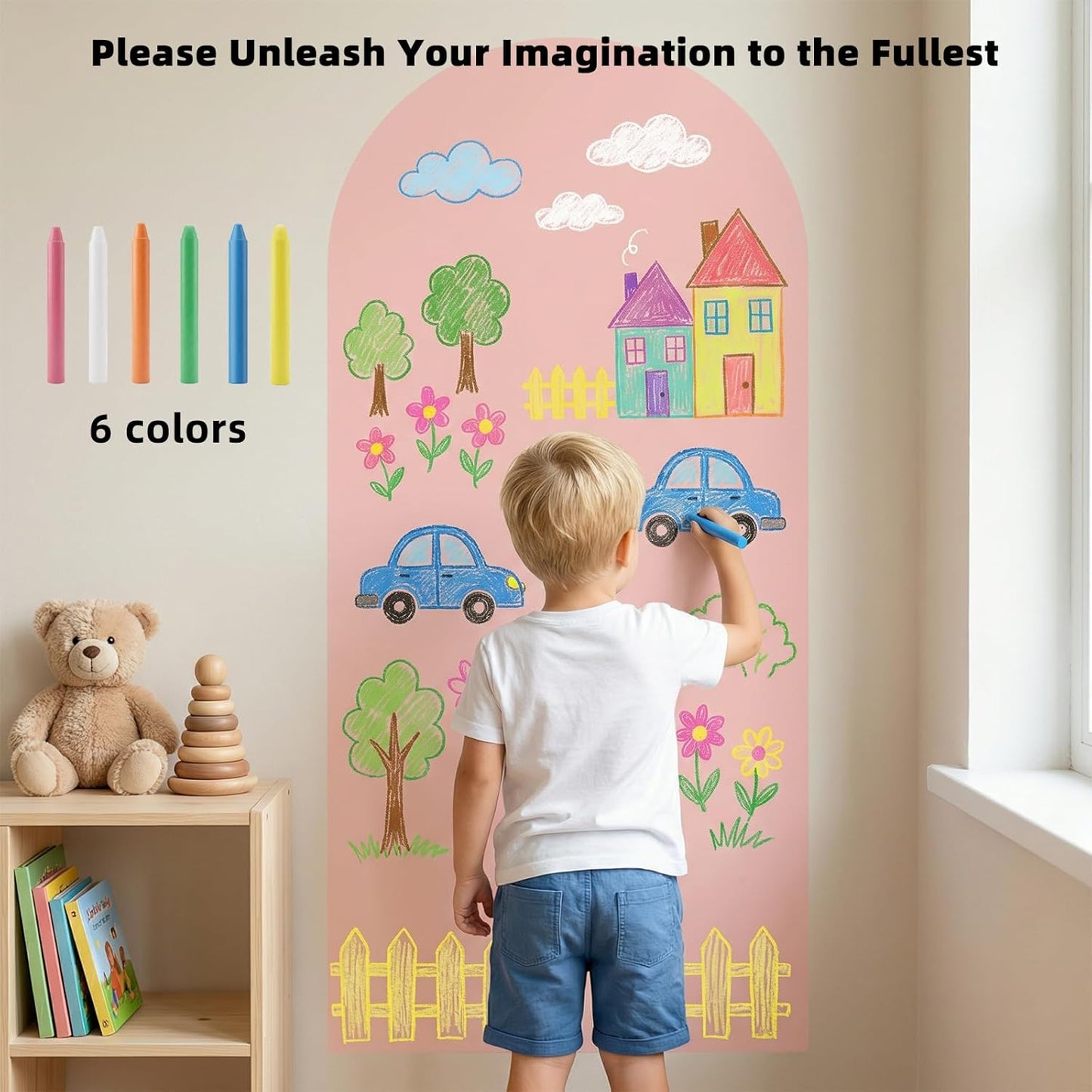 Magnetic Chalkboard Wall Decal, 40x18 Inch Arch, Removable Black Peach & Pink Sticker with 6 Dust-Free Chalks, Peel and Stick Board for Kids Playroom Office