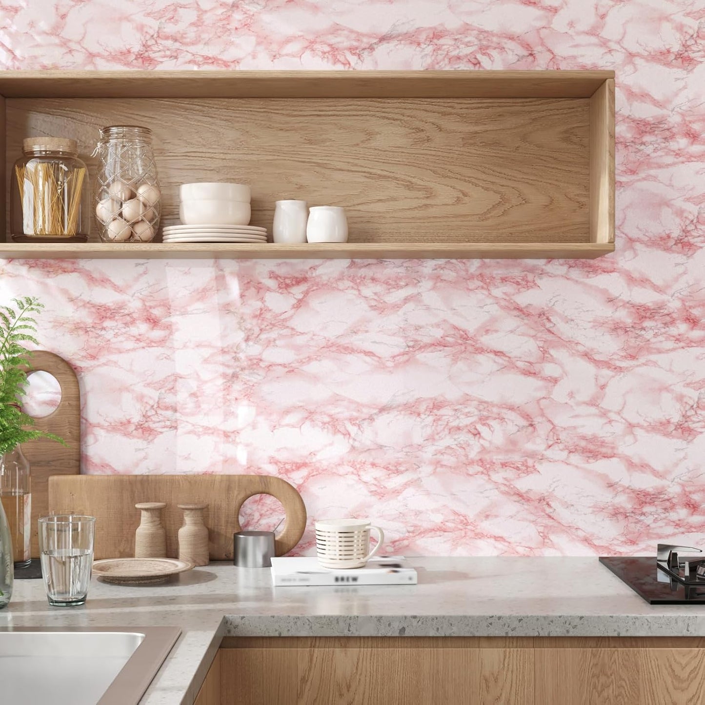 VEELIKE Pink Marble Contact Paper Wallpaper Stick and Peel 15.74 x118.11inches Self Adhesive Removable Waterproof Wall Covering for Table Countertop Cabinet Drawer