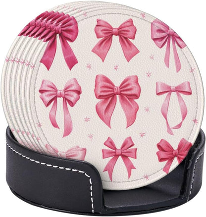 Light Pink Bows in Three Rows Premium Leather Coasters, Set of 6 with Holder, Stylish Beverage Coasters for Kitchen Coffee Bar