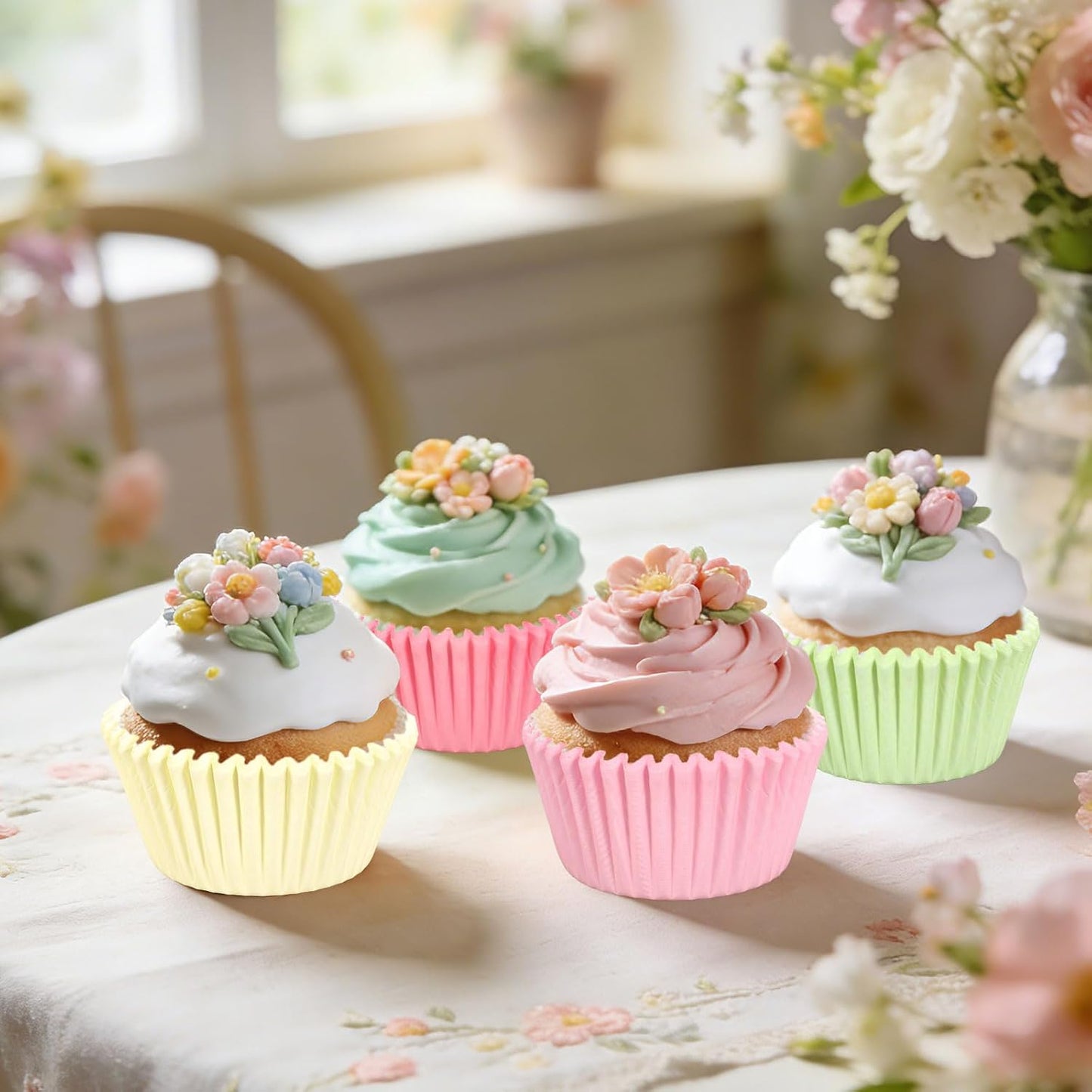 Whaline 300Pcs Pastel Colorful Cupcake Liners Paper Baking Cups Gradient Pink Green Standard Muffin Cupcake Wrappers for Spring Easter Wedding Baby Shower Birthday Party Supplies