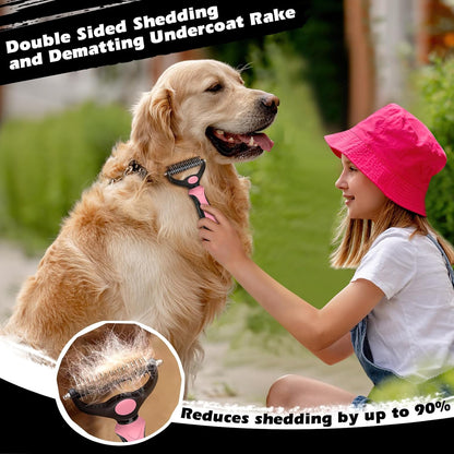 3PCS Self Cleaning Slicker Brush & Pet Grooming Rake & Flea Comb for Dogs,Cats and Horses | Double-Sided Dematting Comb & Skin Friendly Deshedding Grooming Tool | Pet Supplies (Light Pink)