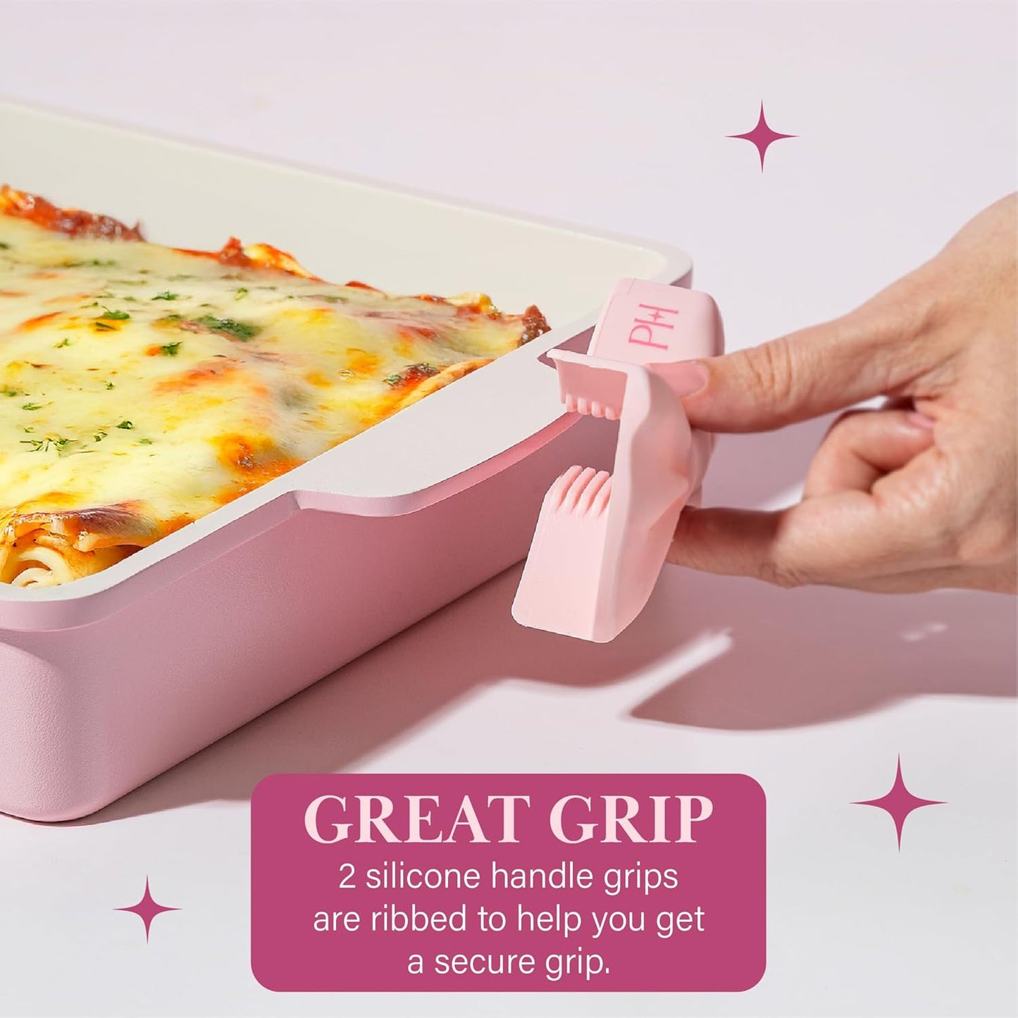 Paris Hilton Deluxe Roasting Pan Set, Heavy Duty Nonstick Bakeware with Silicone Handle Grips, 13"x9", Pink