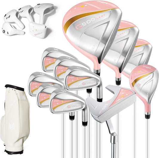 PGM Women's Golf Clubs Full Set for Right Handed with Driver Woods Hybrid Irons Wedges Putter, Lady Flex Complete Golf Set for Beginner to Intermediate Golfers with Headcovers and Club Bag