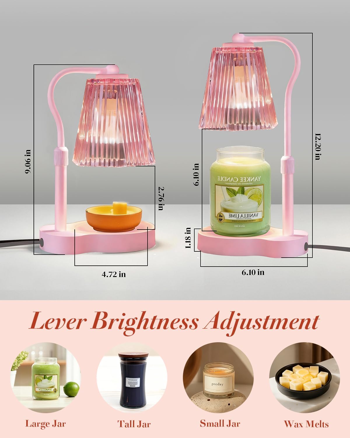 Candle Warmer Lamp with Timer & Dimmable Settings, Adjustable Height Flameless Scented Wax Melter for Jar Candles, Elegant Home Decor Warmer Lamp with 2 Bulbs, Gift for Women Mom Friend Family, Pink