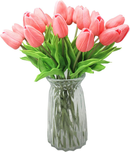 10-Heads Artificial Flowers PU Mini Real Touch Tulip Bouquets for Home Wedding Party Centerpiece Decoration (Coral)