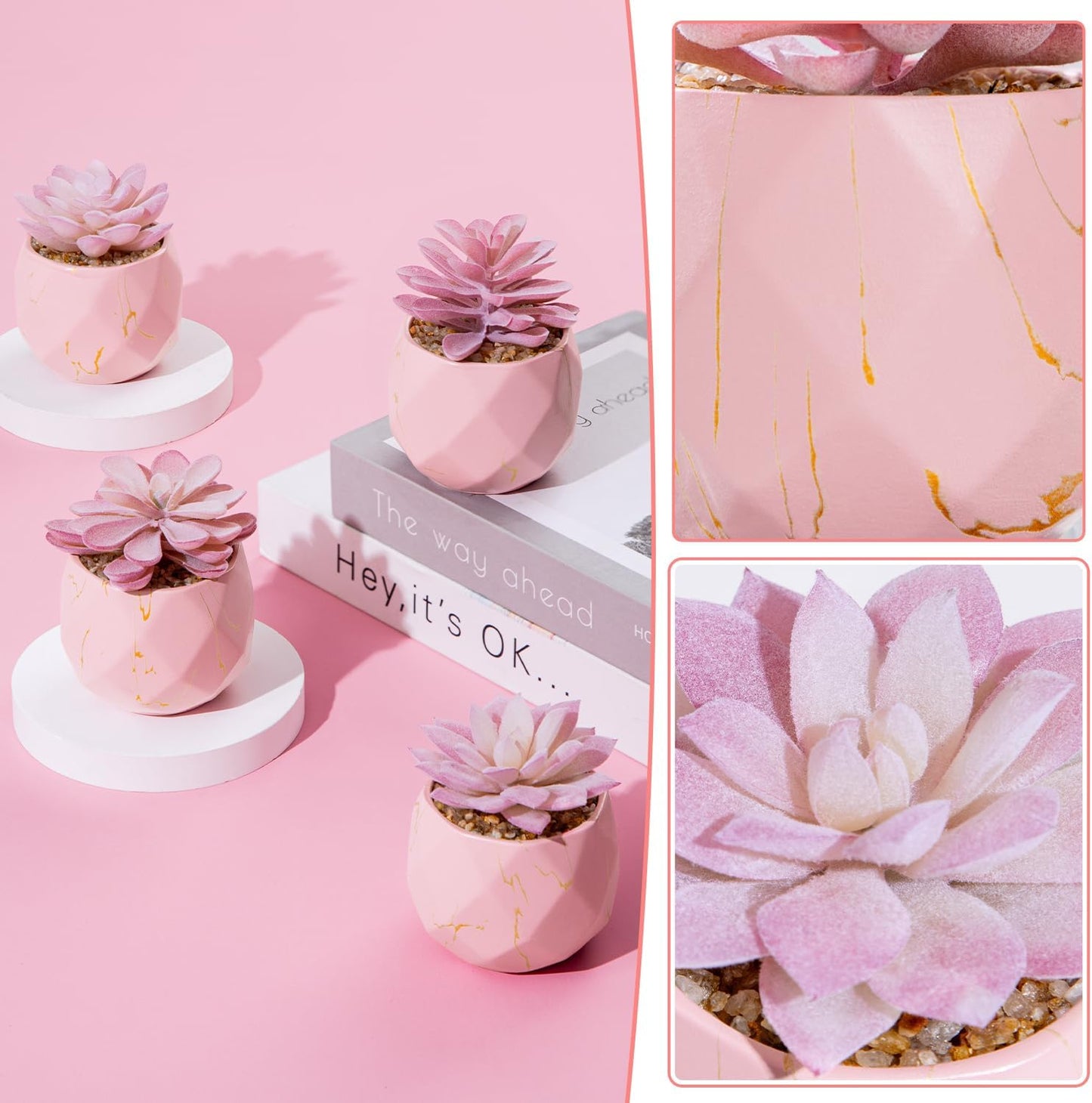 ZENIDA Artificial Succulent Plants in 4 Pink Ceramic Pots, Cute Fake Plants for Vanity Decor, Office, Desk, Bathroom, Kitchen, Bedroom, Shelves Decor for Women, Girls Gift