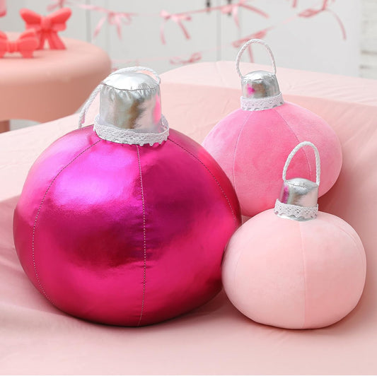 Shellwei 3 Pcs Pink Christmas Bell Pillow Velvet Round Throw Pillows 3D Stuffed Ball Shaped Pillow Neutral Cute Christmas Decorations for Bedroom Living Room and Gift for Xmas