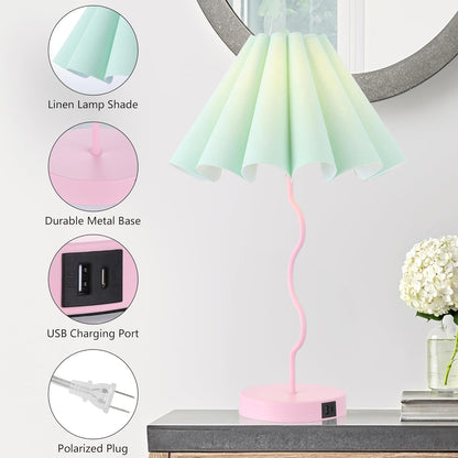 EOEYYOYB Table Lamp for Bedroom Nightstand Modern Touch Green Pink Lamp Dimmable Lamp for Living Room End Table with USB Port and Outlet