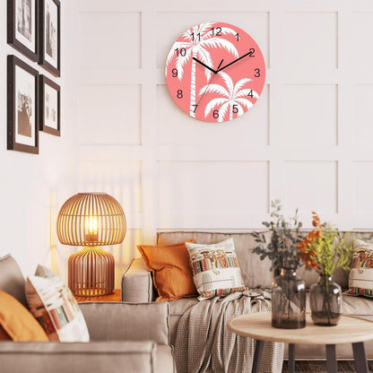 Coastal Palm Tree Wall Clock Battery Operated Non-Ticking 10" Round Wood Clocks, Tropical Plant Coral Pink Kitchen Wall Clock for School Bathroom Living Room Home Office Wall Decor