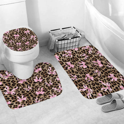 Onalasyc 4 Pcs Leopard Shower Curtain, Cheetah Bow Print Bathroom Set Shower Curtain Sets with Rugs, Waterproof Brown Pink Bow Animal Print Bathroom Curtains Shower Set,12 Pcs Hook,71 x 71 in