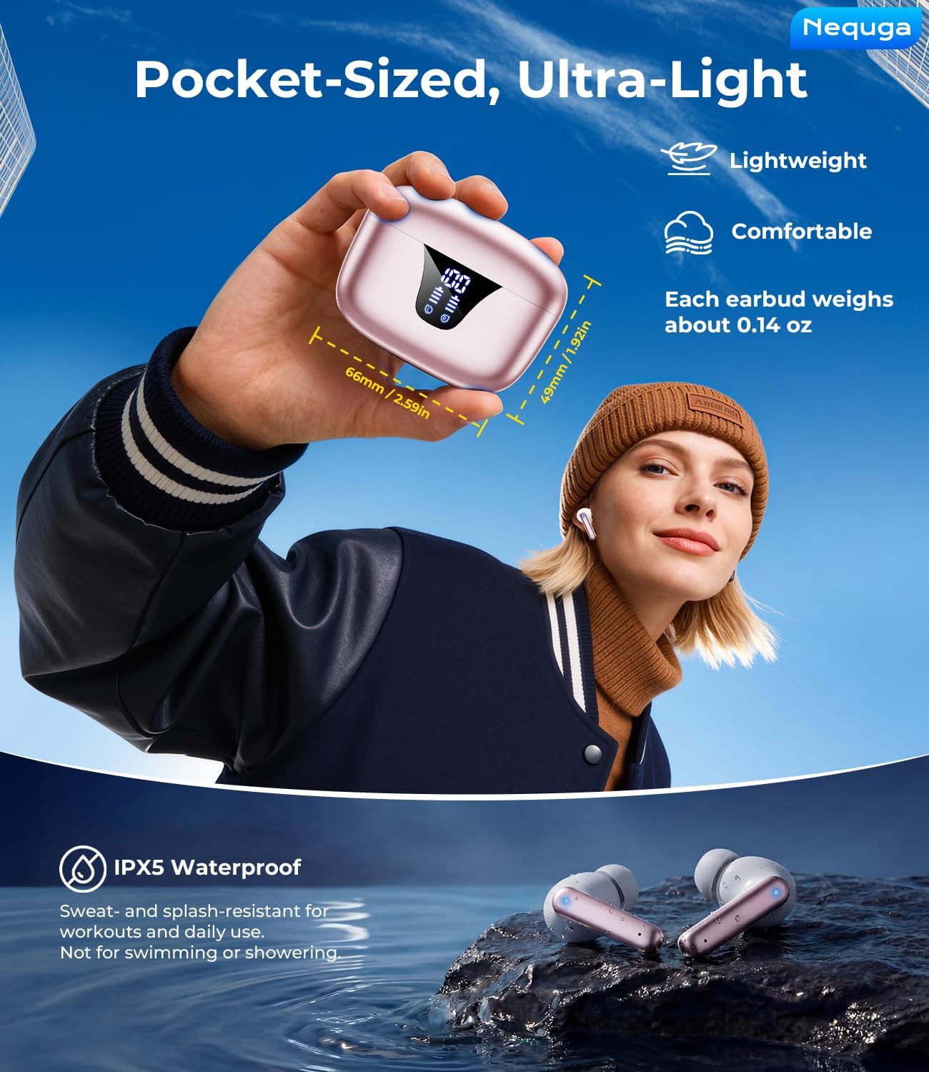 Wireless Earbuds Bluetooth Headphones, 50H Playtime Ear Buds with Mic, LED Digital Display Charging Case, IPX7 Waterproof, Deep Bass Stereo, in-Ear Earphone for iPhone Andriod Phone - Blush