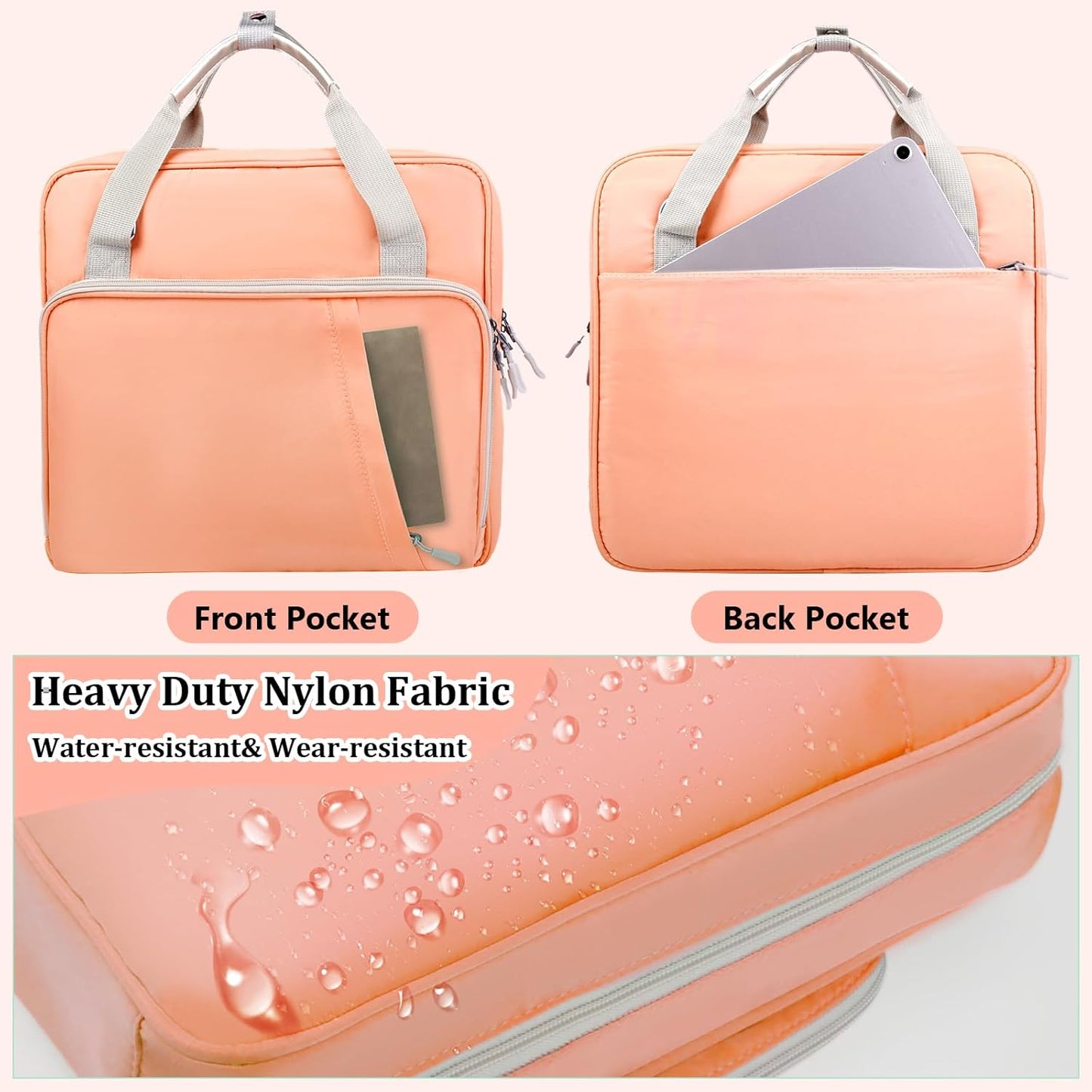 SIYNPAV 3 Ring Zipper Binder Bag 2 Inch with Shoulder Strap, Waterproof Nylon Binder with Zipper for 500 Sheet Capacity, Multi-Pocket Portfolio Organizer Case for 13 Inch Laptop Middle School (Peach)