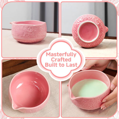 7 Pcs Matcha Whisk Set, Ceremony Matcha Kit with Matcha Bowl, Bamboo Whisk and Holder, Scoop and Scoop Rest, Sifter and Tea Towel, Gift for Matcha Lovers (Pink/Cherry Blossom-Patterned)