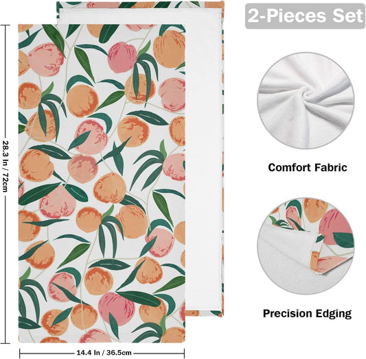 Peach Hand Towels for Bathroom Set of 2 Watercolor Pink Orange Peach Soft Absorbent Green Leave Fruits Kitchen Dish Towels Decorative Bathroom Towels for Bath,Face,Hair,Guest,Gym,Spa 14"x28"