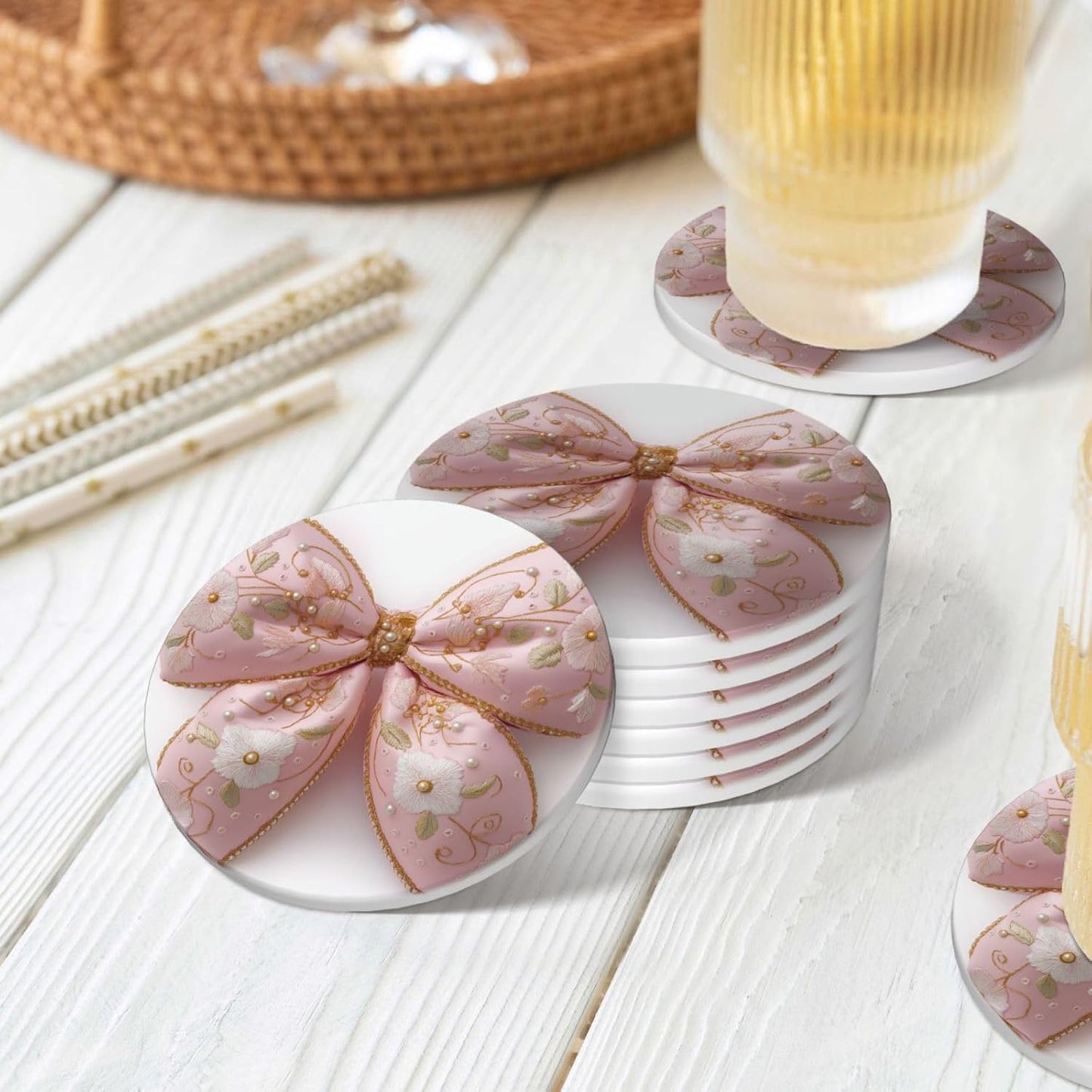 Light Pastel Pink Bow Balloon Embroidered Floral Ceramic Coasters with Holder Set of 6 Coffee Cup Drink Coasters