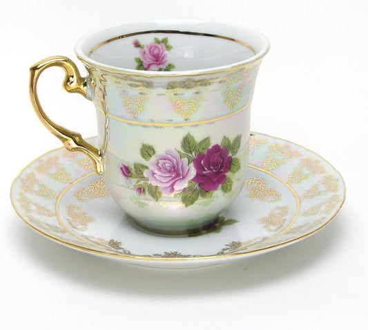 Euro Porcelain 17-pc Vintage Pink & Red Roses Tea Cup Coffee Set, White Pearlescent Floral Pattern 24K Gold Plated, Complete Service for 6 - Original Czech Tableware