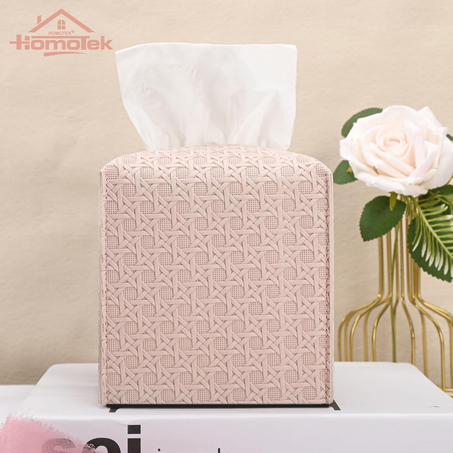 HOMOTEK 1 Pack Tissue Box Cover, Square PU Leather Tissue Holder, Decorative Facial Tissue Cube Paper Organizer Dispenser for Bathroom, Night Stands, Desk, Car 5X5X5'' - Rattan Weave, Macaron Pink