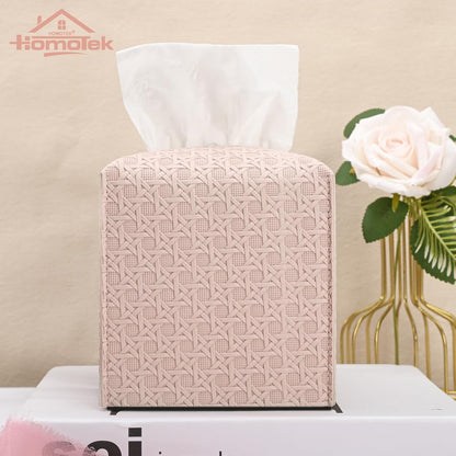 HOMOTEK 1 Pack Tissue Box Cover, Square PU Leather Tissue Holder, Decorative Facial Tissue Cube Paper Organizer Dispenser for Bathroom, Night Stands, Desk, Car 5X5X5'' - Rattan Weave, Macaron Pink
