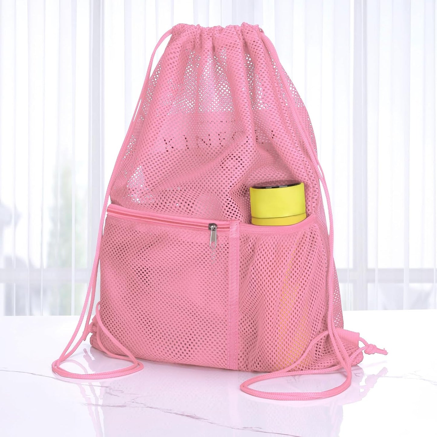 NATURAL STYLE 2 PACK Mesh Drawstring Backpack Bag, Multifunction Mesh Bag for Swimming, Athletic Gym, Clothes, Beach, Swim (Pink)