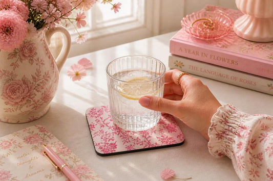 Pink Pattern Coaster Set – Roses, Polka Dots, Gingham and Delicate Floral Designs for Charming Cottagecore Home Decor (Pink Toile Combo)
